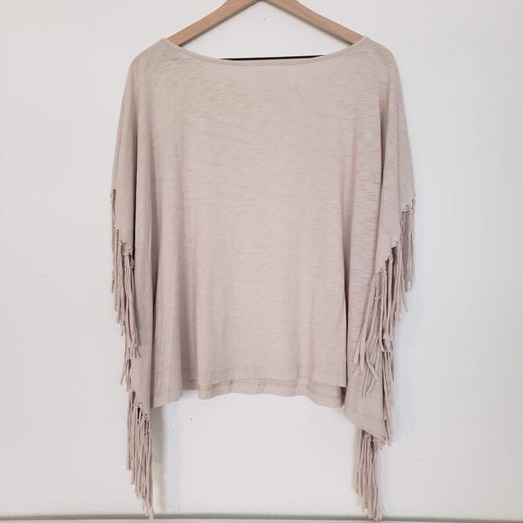 Mavonie Beige SIZE S Fringe Short Sleeve Boho Batwing Poncho Top Cowgirl Western - Picture 4 of 10
